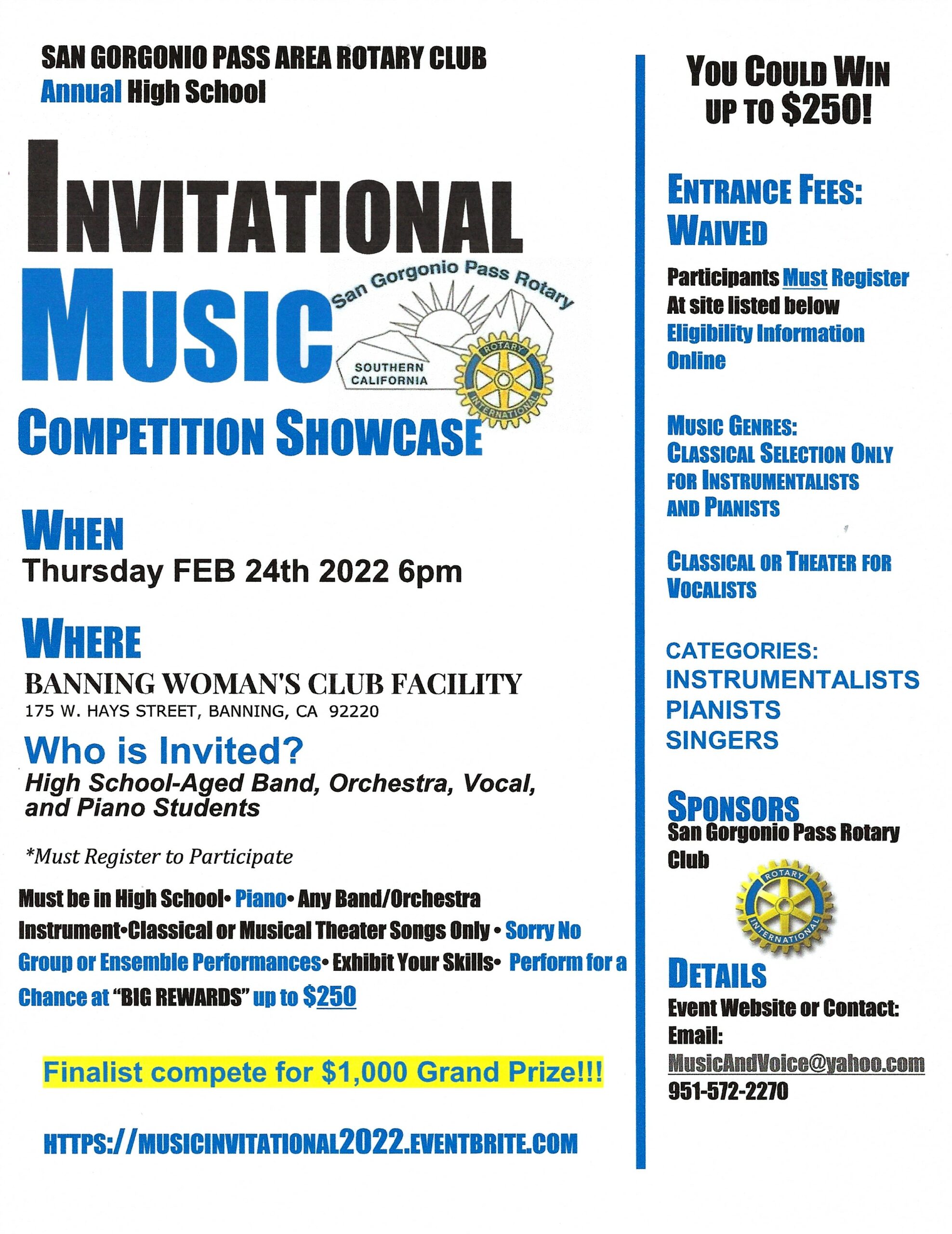 Music Competition @ Banning Woman's Club Facility | Banning | California | United States