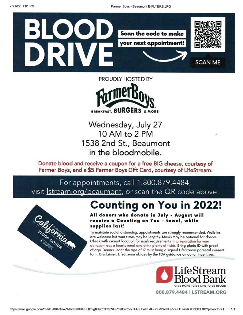 Blood Drive @ Farmer Boys | Beaumont | California | United States