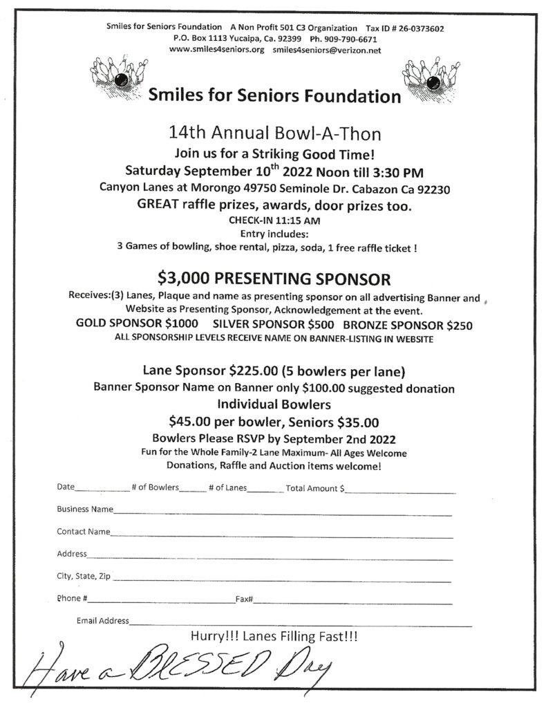 Smiles for Seniors Bowl-A-Thon @ Canyon Lanes @ Morongo | Cabazon | California | United States