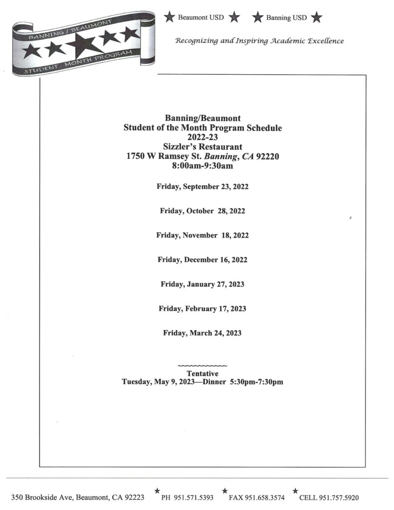 Tentative Student of the Month Dinner @ Sizzler Restaurant | Banning | California | United States