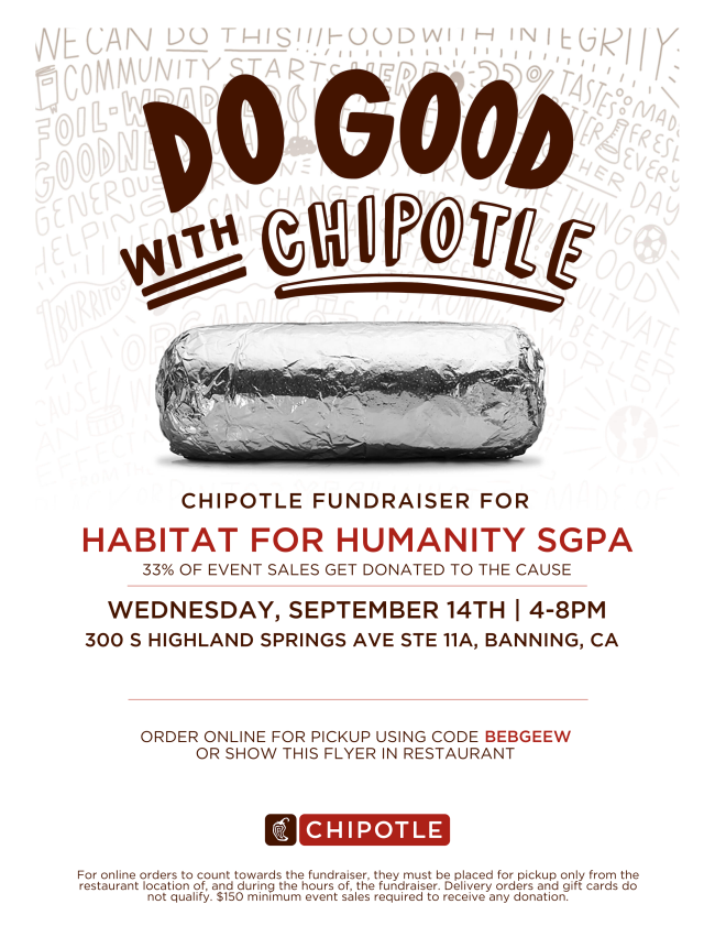 Chipotle Fundraiser for Habitat for Humanity @ Chipotle | Banning | California | United States