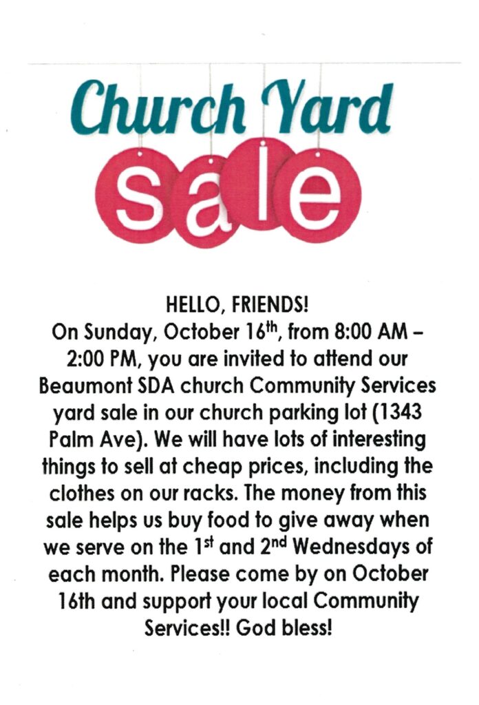 Beaumont SDA Church Yard Sale @ Seventh Day Adventist Church Beaumont | Beaumont | California | United States