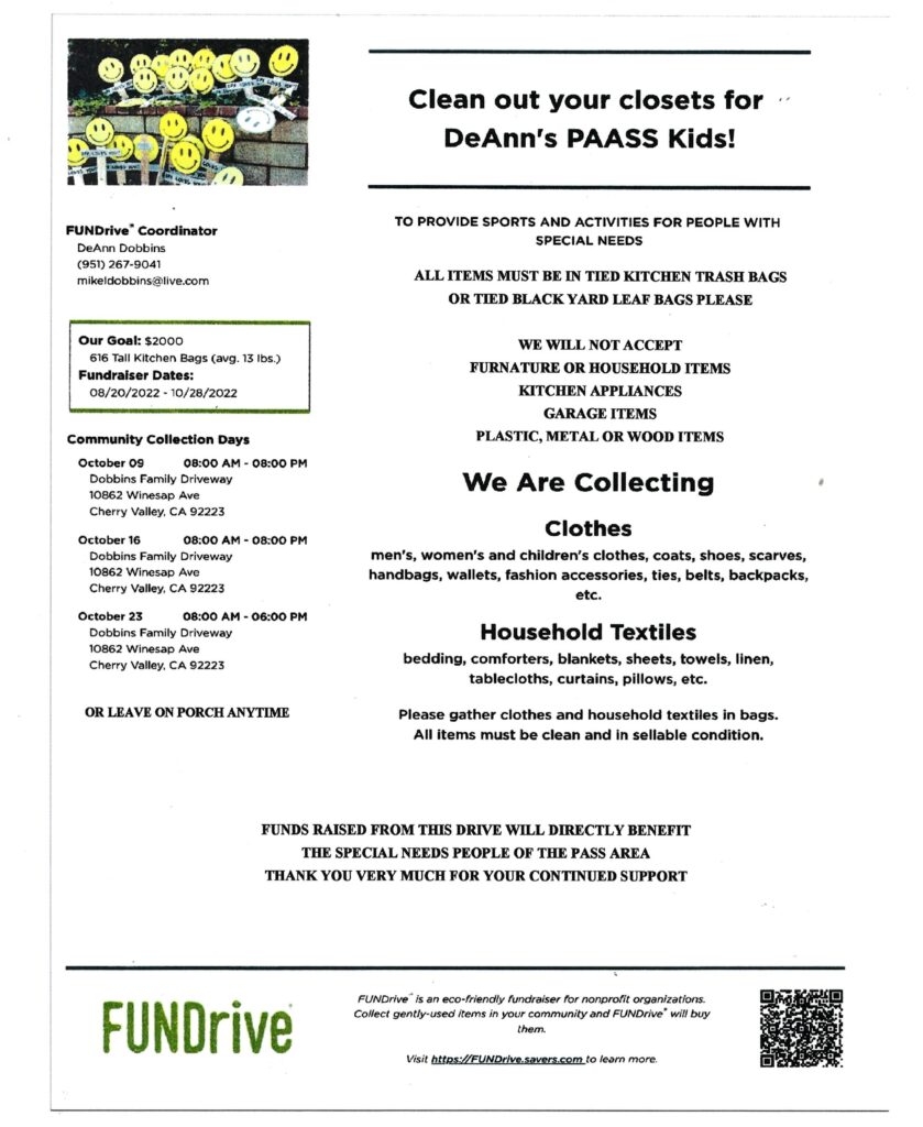 DeAnn's PAASS Kids Fundraiser @ Dobbins' Family Driveway | Cherry Valley | California | United States