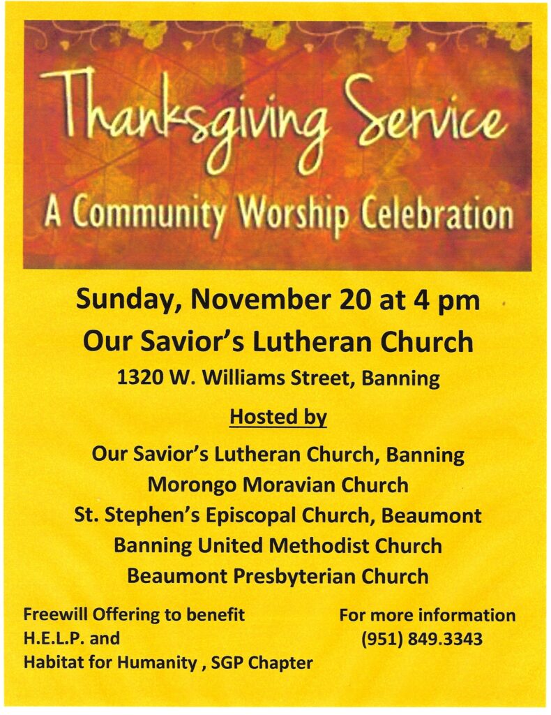 Community Worship Celebration Thanksgiving Service @ Our Savior's Lutheran Church | Banning | California | United States