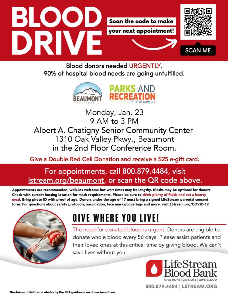 LifeStream Blood Drive @ Albert A. Chatigny, Sr. Community Recreation Center | Beaumont | California | United States