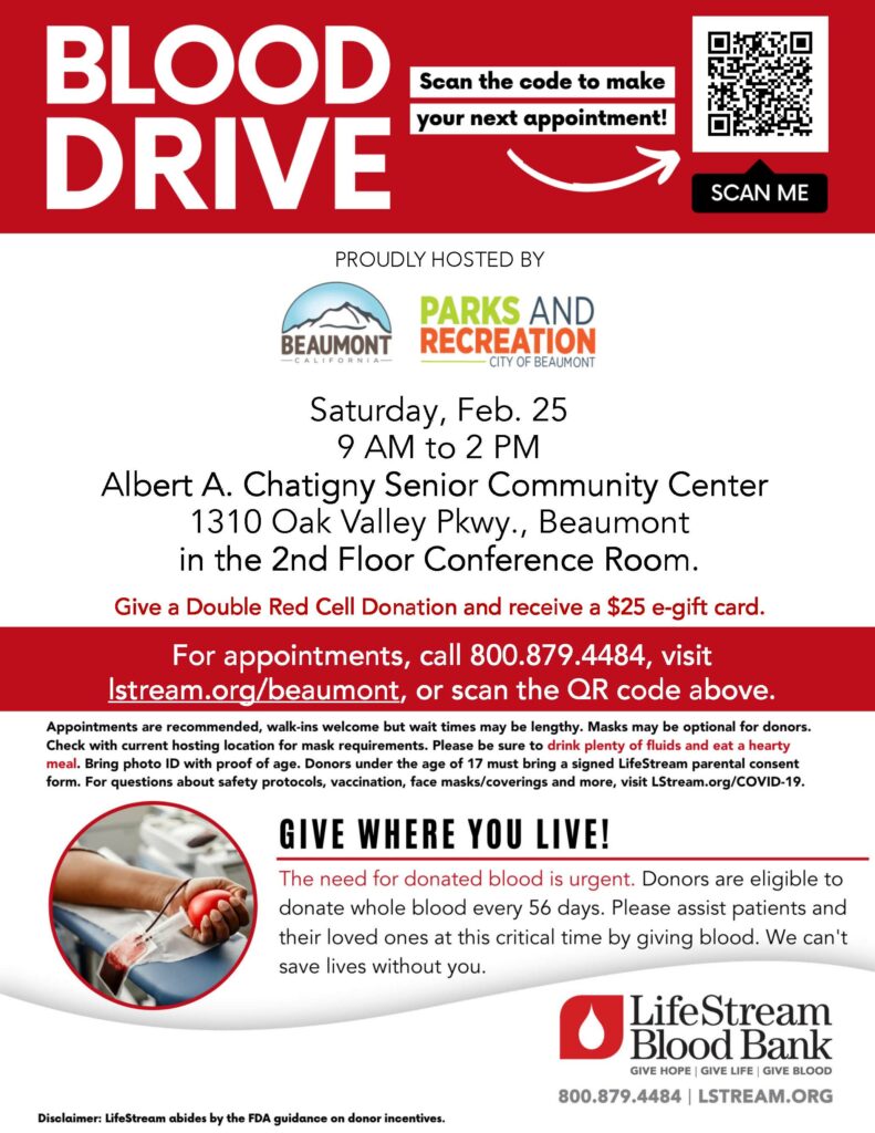 Blood Drive Chatigny Center @ Albert A. Chatigny, Sr. Community Recreation Center | Beaumont | California | United States