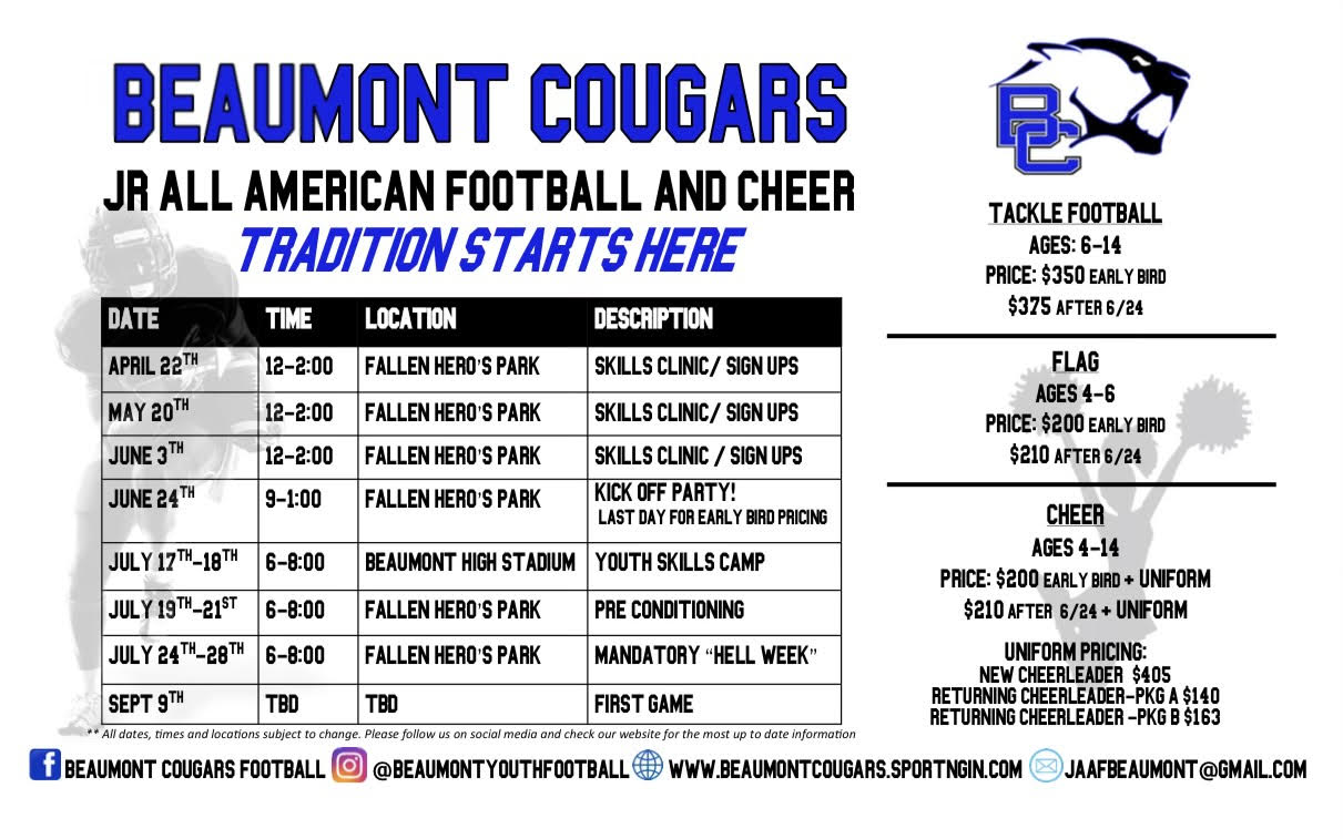 Beaumont Cougars Jr. All American Football Cheer Youth Skills