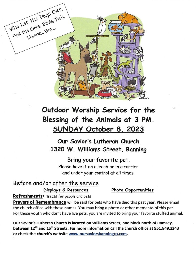 Outdoor Worship Service for Blessing of Animals @ Our Savior's Lutheran Church