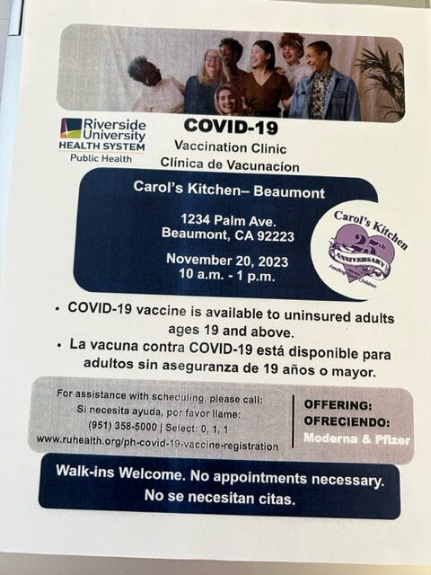 COVID-19 Vaccination Clinic for Uninsured Adults @ Carol's Kitchen | Beaumont | California | United States