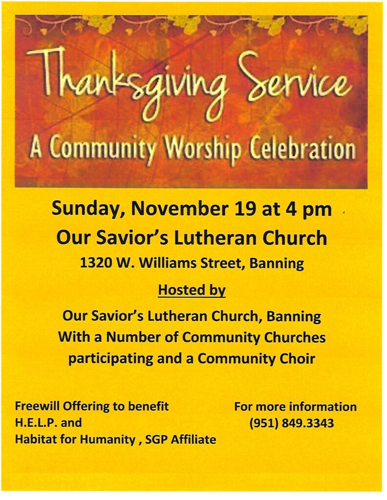 Thanksgiving Service @ Our Savior's Lutheran Church | Banning | California | United States