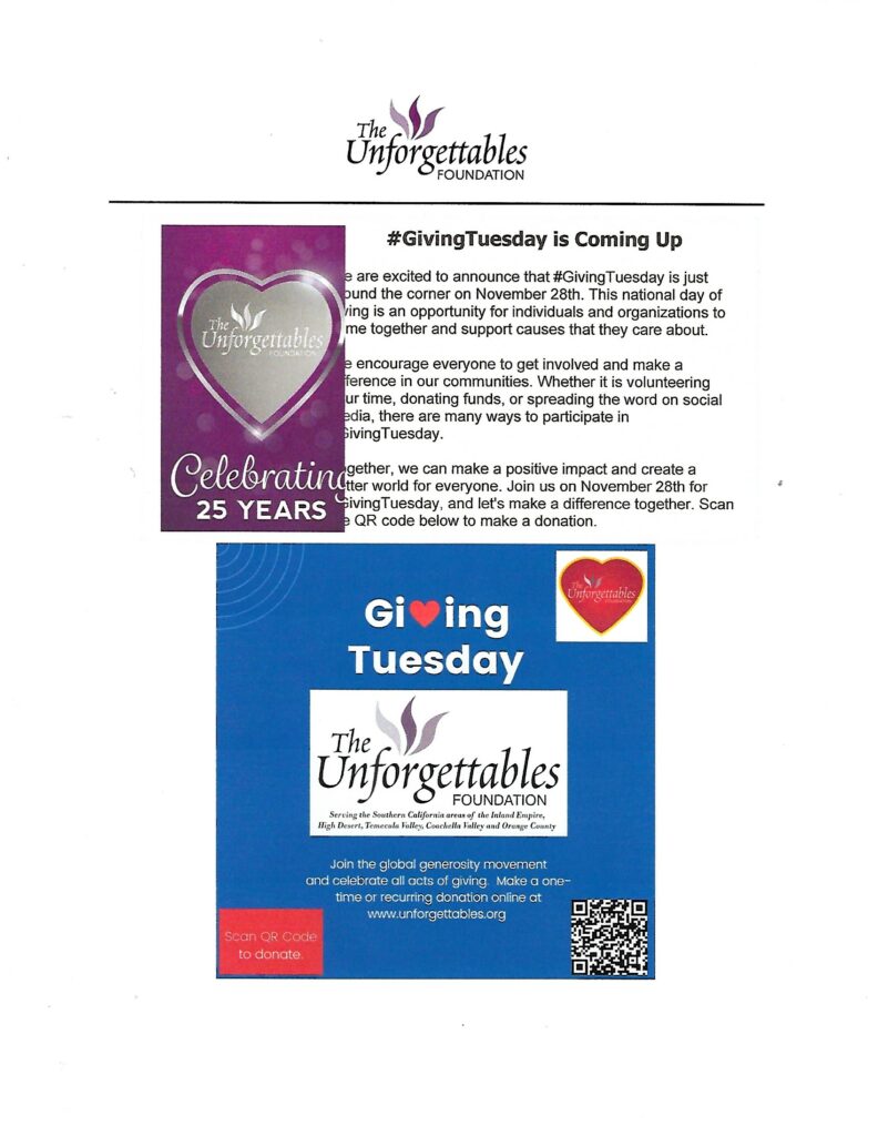 Giving Tuesday - Unforgettables Foundation @ Redlands, CA | Redlands | California | United States