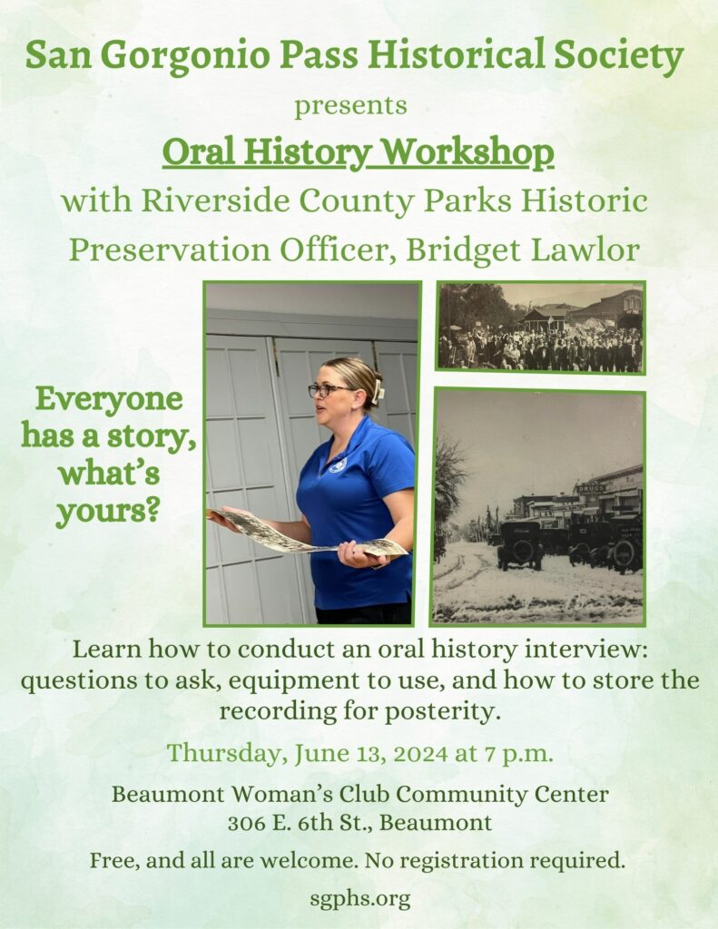 Oral History Workshop @ Beaumont Woman's Club Community Center | Beaumont | California | United States