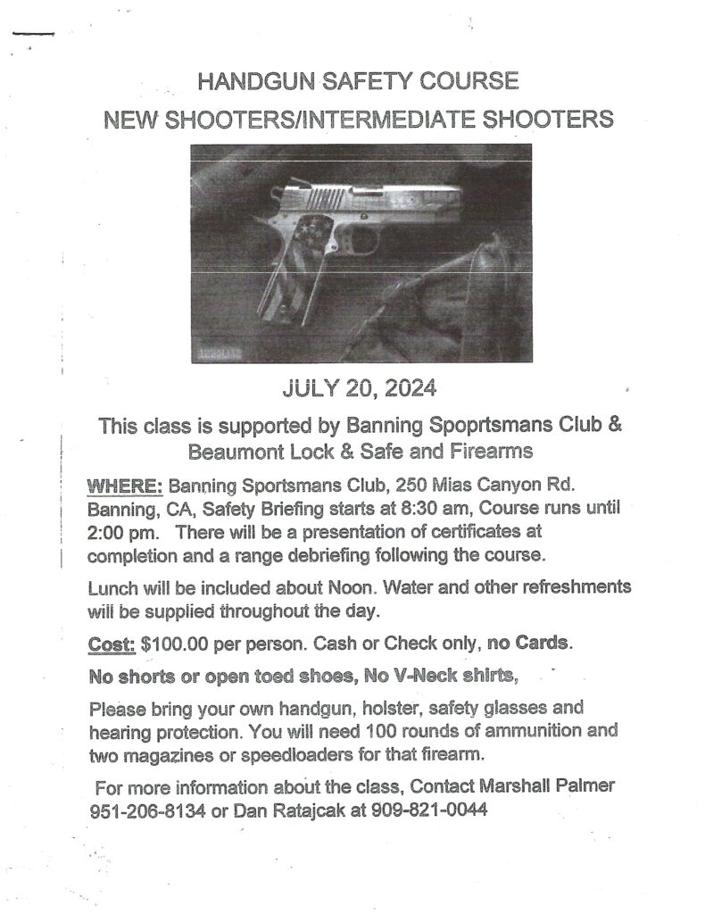 Handgun Safety Course @ Banning Sportsmans Club | Banning | California | United States