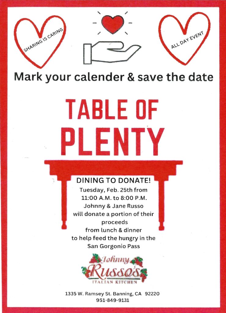 Table of Plenty Dining to Donate @ Johnny Russo's Italian Restaurant | Banning | California | United States